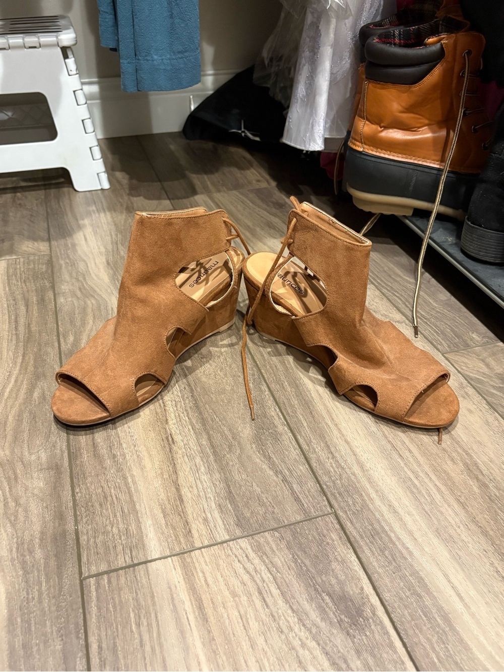 Maurices Tan Suede Open-Toe Lace-Up Mules